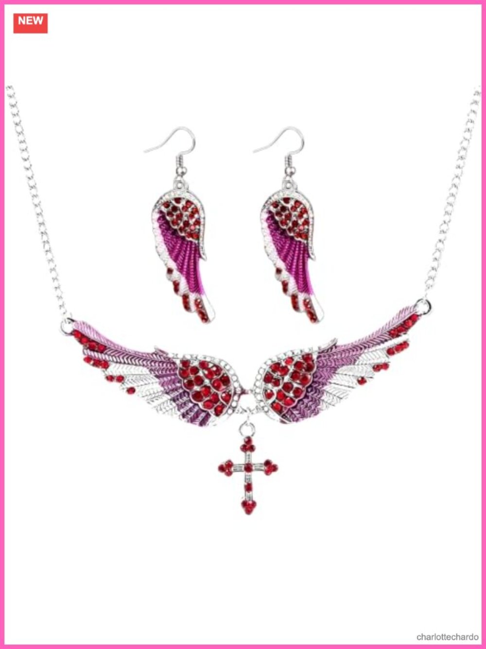 Gothic Choker Necklace Earrings Set Angel Wings Feather Cross